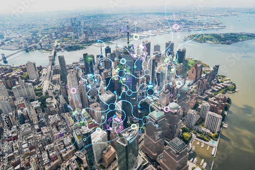 Aerial panoramic helicopter city view, Lower Manhattan, Downtown, New York, USA. World Trade Center, bridges. Artificial Intelligence concept, hologram. AI, machine learning, neural network, robotics