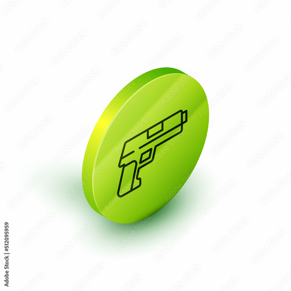 Isometric line Pistol or gun icon isolated on white background. Police or military handgun. Small firearm. Green circle button. Vector Isometric line Pistol or gun icon isolated on white background. Police or military handgun. Small firearm. Green circle button. Vector