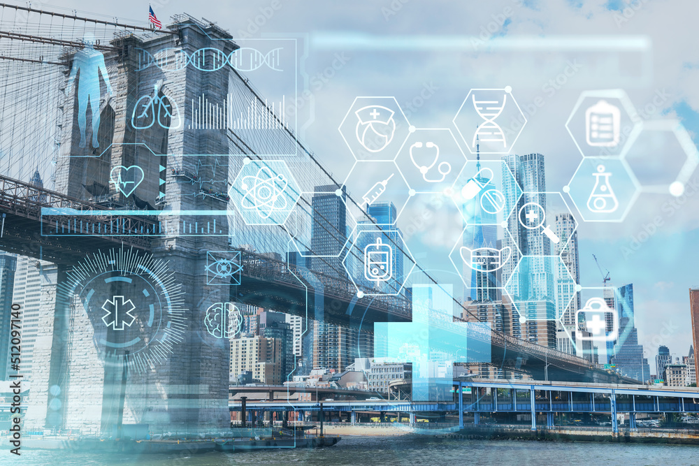 Brooklyn bridge with New York City Manhattan, financial downtown skyline panorama at day time over East River. Health care digital medicine hologram. The concept of treatment and disease prevention