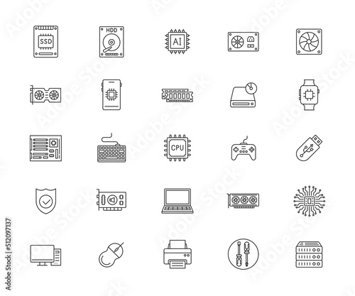 Icons set of computer hardware. Simple outline icon. Vector illustration..