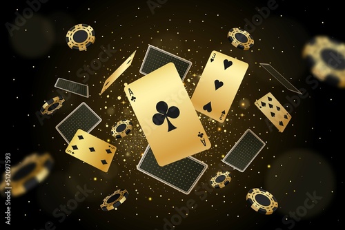 Fényképezés Vector illustration, casino background with golden playing cards casino chips and Jackpot you win text on sparkle background and golden lights