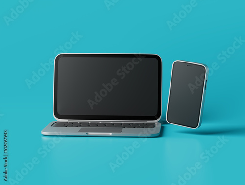 Simple light laptop and smartphone with blank screens 3d render illustration.