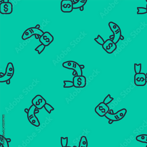 Blue line Price tag for fish icon isolated seamless pattern on green background. Vector