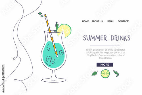 Hand drawn summer illustration. A glass with a straw and a slice of lime. Good for describing ingredients on a cocktail menu.