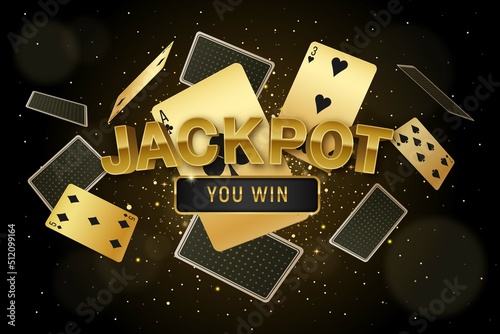 Vector illustration, casino background with golden playing cards casino chips and Jackpot you win text on sparkle background and golden lights. 3d background for casino games