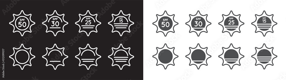 Set of Sun Protection UV Index, SPF 50, SPF 30, 25, 15 Vector Icons Collection. Set of Sun Protection UV Index, SPF 50, SPF 30, 25, 15 Vector Icons Collection.