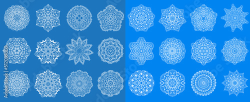Set of Ethnic Fractal Mandala Vector Meditation Tattoo looks like Snowflake or Maya Aztec Pattern or Flower too Isolated on White