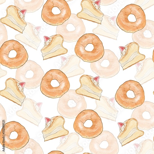 Seamless decorative patterns of simple illustration of sweets, a piece of cake, a donut on a complex background