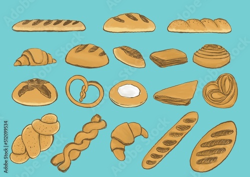 Simple illustrations of bakery products, painted on a blue background, rolls, cheesecakes, bread