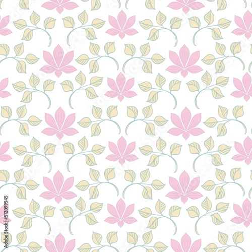 Simple pattern, illustration of a plant on a white background of pink and yellow, flowers, leaves and fruits