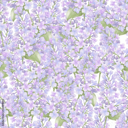 Solid floral pattern of watercolor illustrations of a lilac flower on a white background