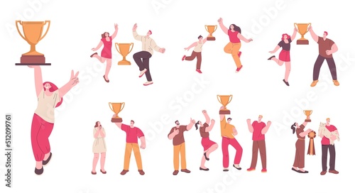 Wallpaper Mural People winners. Work winner, woman award celebrate. Business trophy successful projects, top worker team, child or pet. Kicky happy vector characters Torontodigital.ca