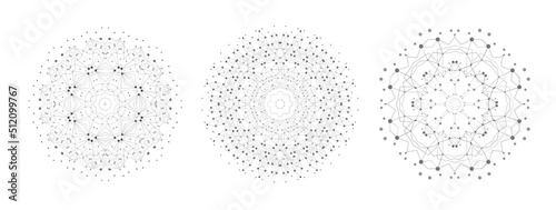 Set of Symmetric Lattice Shape, Molecular Structure with Thin Lines and Dots. Mandala. Fractal.