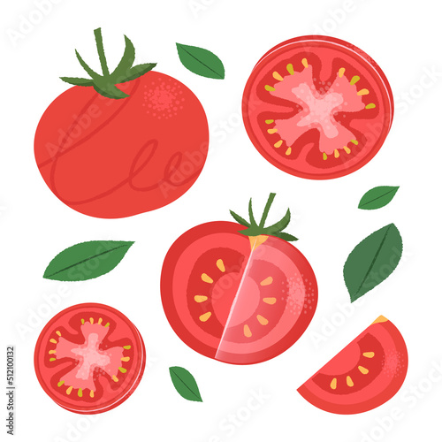 Whole tomato, tomato cross sections graphic illustration set. Collection of various tomatoes.