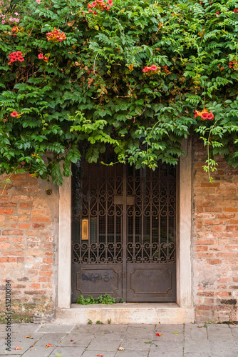 old door and brick wall with flowers hanging over 