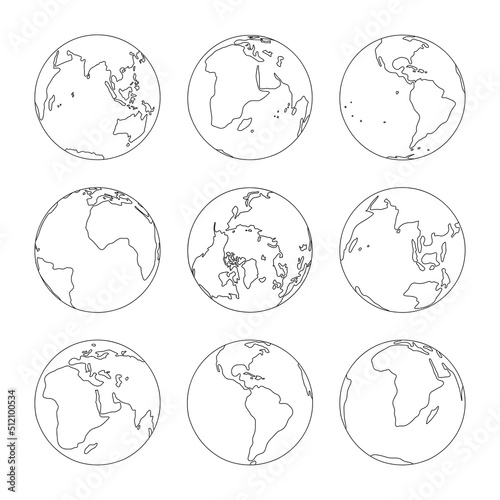 Planet earth icon set, line sketch globe collection, hand drawn simple global world map. Abstract outline contour drawing. Geography and pin concept vector illustration.