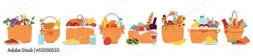 Picnic basket. Cartoon baskets collection, hamper with wine cheese meat and fruits. Summer outdoor rest elements, dinner or lunch on nature decent vector set