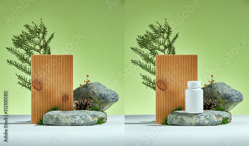 Photography Stone podium with leaves on a light green background