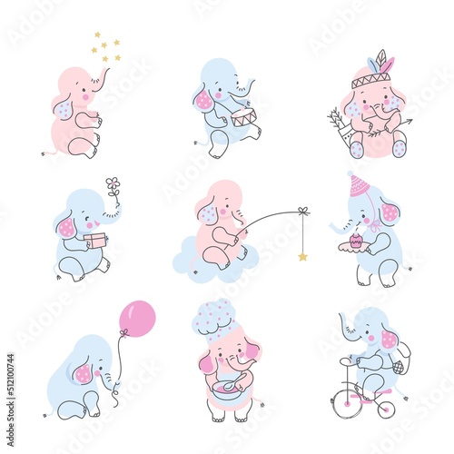 Funny cartoon elephants. Cute elephant with balloon and stars, holding present box, flower and cake. Isolated baby nursery animal, nowaday vector stickers