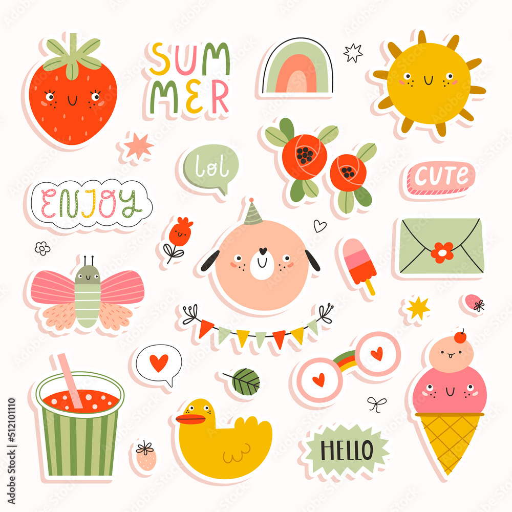 Vector set of cute bright summer stickers. Funny cartoon characters, doodles and hand drawn phrases. Vector set of cute bright summer stickers. Funny cartoon characters, doodles and hand drawn phrases.