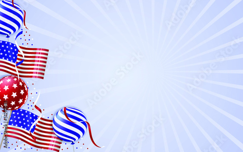 USA 4 July Independence Day America with Flag, Balloons, and Confetti Landscape Background 