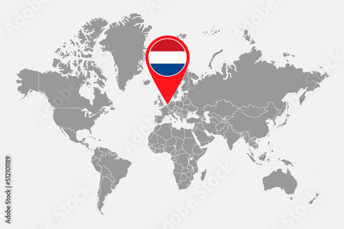 Pin map with Netherlands flag on world map. Vector illustration.
