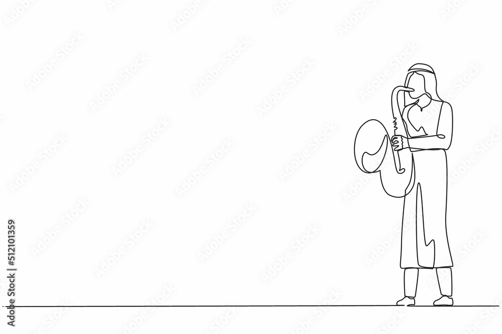 Single one line drawing Arab saxophonist. Jazz or blues musician, man plays saxophone. Male performer in festival jazz music, jazz band performances. Continuous line design graphic vector illustration Single one line drawing Arab saxophonist. Jazz or blues musician, man plays saxophone. Male performer in festival jazz music, jazz band performances. Continuous line design graphic vector illustration