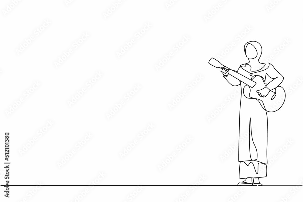 Continuous one line drawing Arab woman playing acoustic guitar. Teenage girl musician playing strings at musical performance. Professional musician. Single line draw design vector graphic illustration Continuous one line drawing Arab woman playing acoustic guitar. Teenage girl musician playing strings at musical performance. Professional musician. Single line draw design vector graphic illustration