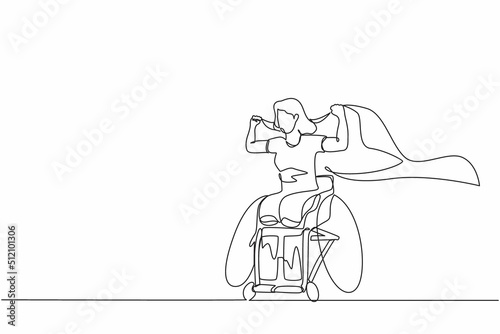 Single one line drawing young amputee woman with body injuries raising flag. Disabled athlete sitting on racing wheelchair, disabled sportswoman. Continuous line design graphic vector illustration