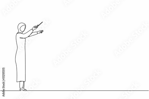Single one line drawing Arabian woman music conductor. Female musician perform on stage directing symphony orchestra. Classical music performance, instrumental ensemble. Continuous line design vector