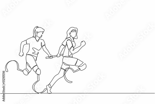 Single continuous line drawing two disable runners with prosthesis leg  disability women  amputee athletes  amputees running in relay race handing over the baton. One line draw graphic design vector