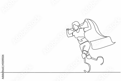 Single one line drawing disabled runner athlete raising flag. Sportswoman with prosthesis leg holding flag. Athletic female cheering with flag raised in the air. Continuous line graphic design vector