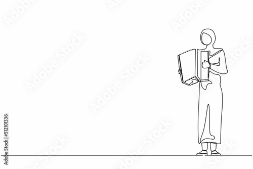 Single one line drawing Arab woman musician playing accordion. Female performer plays acoustic musical instrument. Accordionist perform playing music instrument. Continuous line design graphic vector