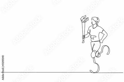 Continuous one line drawing faceless disabled female or sportswoman holding flaming torch in running pose. Disabled sport, success, disability games, championship. Single line graphic design vector