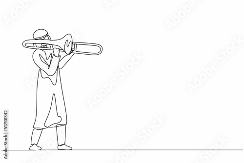 Continuous one line drawing Arabian trombone player. Male performer play wind instrument. Music artist boy. Jazz man. Musician play trumpet. Classic music event. Single line draw graphic design vector