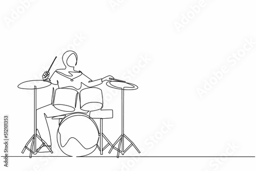 Single one line drawing Arabian female musician, jazz, rock and roll playing drum instruments, percussion. Music festival, pop concert, wedding party performance. Continuous line design graphic vector