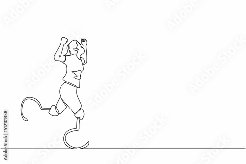 Single continuous line drawing woman athlete marathon runner with prostheses instead of legs. Sports for disabled, Disability games. Run. Active life with physical injury. One line draw design vector