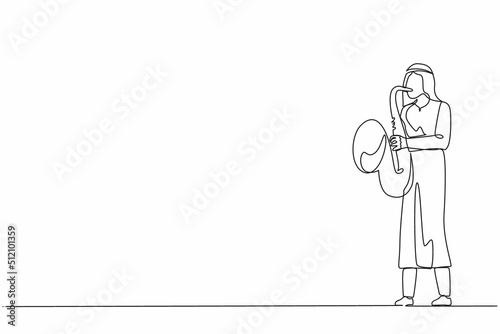 Single one line drawing Arab saxophonist. Jazz or blues musician, man plays saxophone. Male performer in festival jazz music, jazz band performances. Continuous line design graphic vector illustration