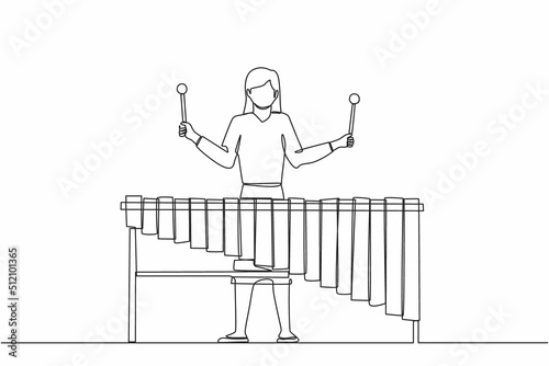 Continuous one line drawing woman percussion player play marimba. Young female musician playing traditional Mexican marimba instrument at music festival. Single line design vector graphic illustration