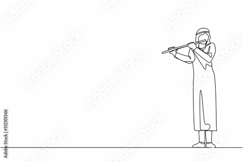 Single continuous line drawing Arab male musician playing flute, standing on stage. Flutist performing classical music on wind instrument. Solo performance of talented flautist. One line design vector