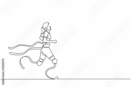 Single continuous line drawing young female athlete wins competition. Disabled sportswoman with amputee crossing finish line. Sport  summer disability games  recovery. One line graphic design vector