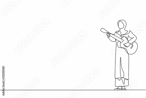 Continuous one line drawing Arab woman playing acoustic guitar. Teenage girl musician playing strings at musical performance. Professional musician. Single line draw design vector graphic illustration