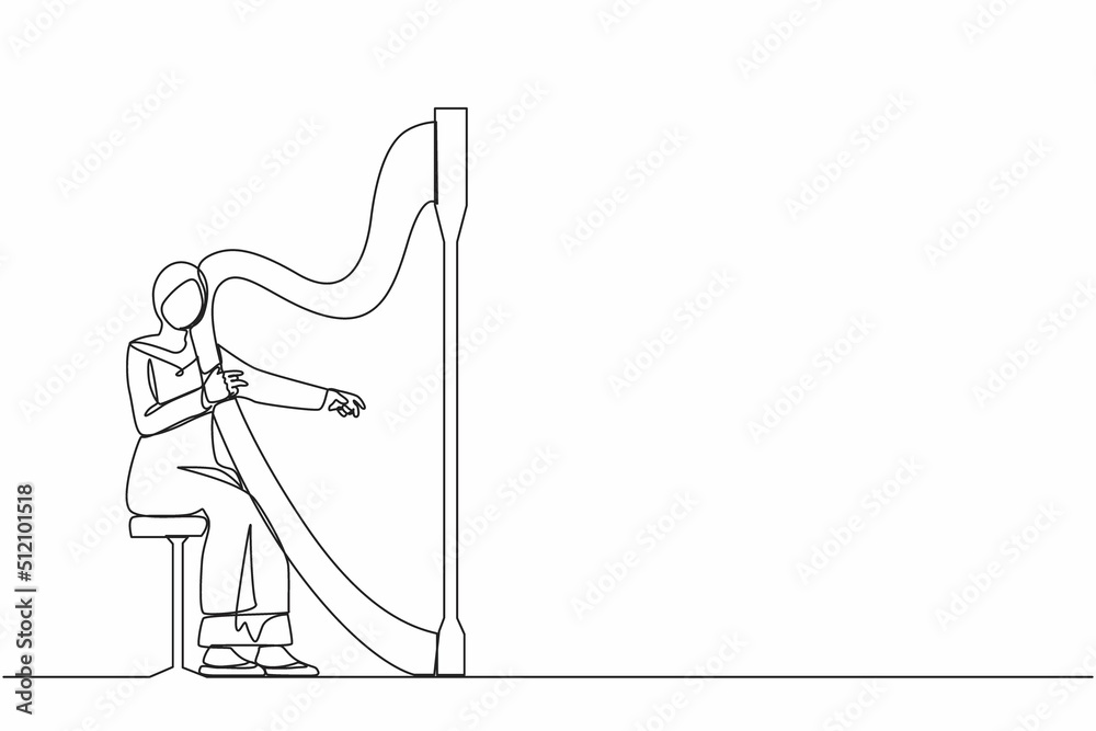 Obraz premium Single one line drawing Arab woman musician playing harp. Classical music performer character with musical instrument. Female sitting, playing harp. Continuous line design graphic vector illustration
