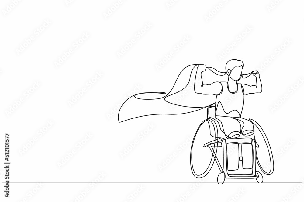 Single continuous line drawing young amputee man with body injuries raising flag. Disability athlete sitting on racing wheelchair, disabled sportsman. One line draw graphic design vector illustration Single continuous line drawing young amputee man with body injuries raising flag. Disability athlete sitting on racing wheelchair, disabled sportsman. One line draw graphic design vector illustration