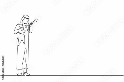 Single one line drawing Arab guy playing on ukulele and singing having fun. Male musician holding small guitar and singing. Man play on musical instrument. Continuous line draw design graphic vector