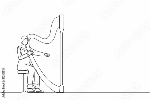 Single one line drawing Arab woman musician playing harp. Classical music performer character with musical instrument. Female sitting, playing harp. Continuous line design graphic vector illustration