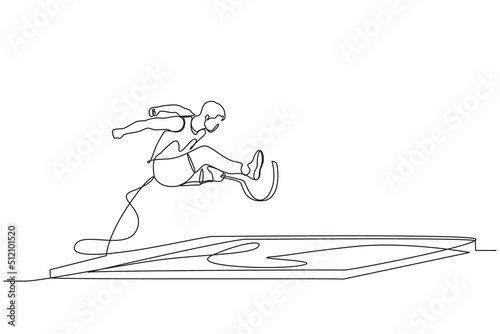 Single one line drawing male athlete amputee on prosthetic leg long jump competition at athletics. Long jump disability games. Disabled sport. Continuous line draw design graphic vector illustration