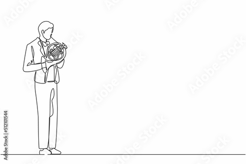 Single continuous line drawing male musician in suit performing classic melody on French horn. Instrumentalist playing music on brass instrument. Man with trumpet. One line draw graphic design vector