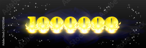 Vector abstract wide banner. 3d numbers golden one million in a bright fiery flame against the background of a galactic star nebula. 1000 000