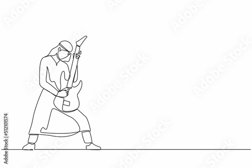 Continuous one line drawing Arabian male musician playing electric guitar. Man practicing in playing guitar. Guitarist perform playing music instrument on stage. Single line draw design vector graphic